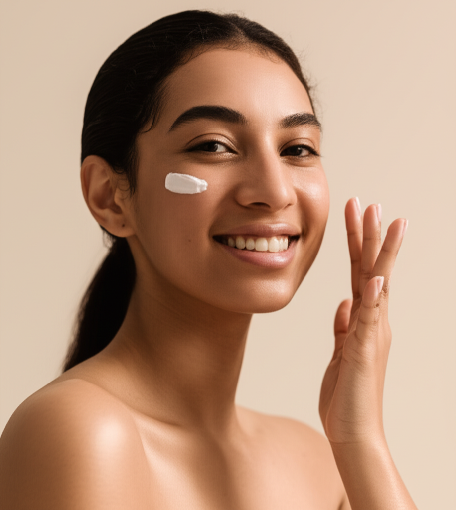 Mujer sonriendo aplicándose crema para representar el empoderamiento